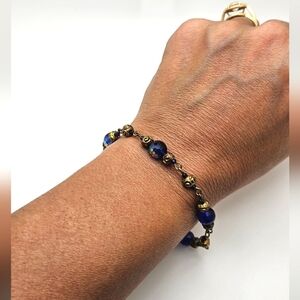🟢3/$19🟢 Vintage Blue Gold Aurora Beaded Brass Toggle Bracelet